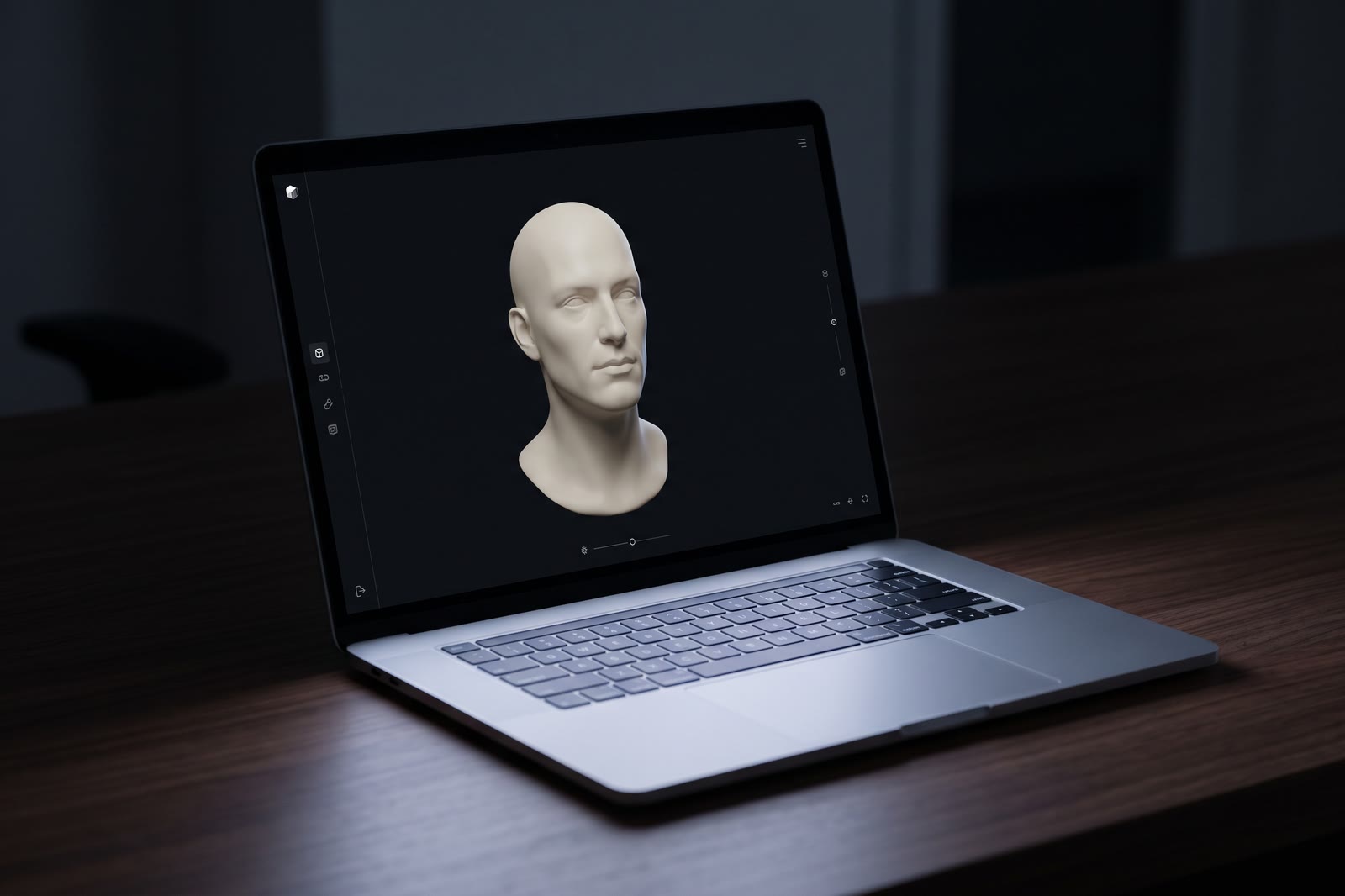 3D-Vorschau einer sich drehenden Büste auf einem Laptop-Bildschirm