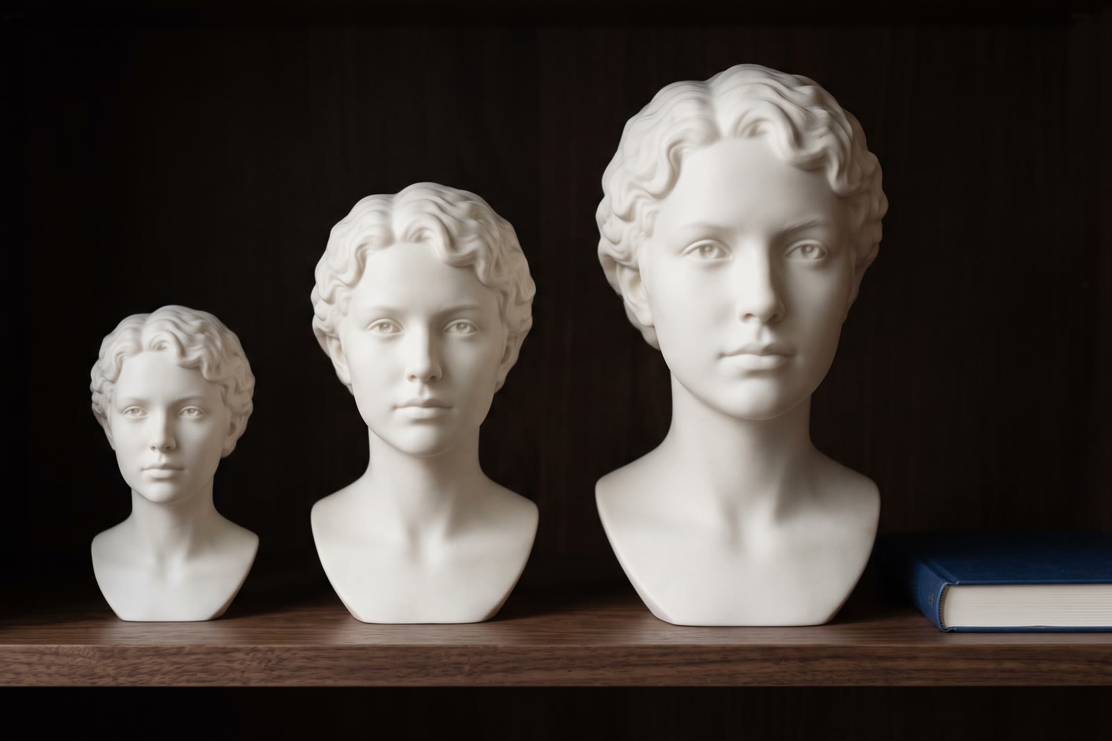 The three bust heights lined up on a shelf, with a book for scale